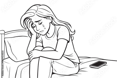 Emotional vector depicts a woman feeling sad while sitting on her bed, capturing vulnerability, inner thoughts, and silent struggles in a peaceful room with subtle and expressive details.