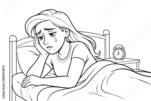 A touching vector artwork portrays a woman resting sadly on her bed, symbolizing emotional pain, introspection, and human vulnerability through a soft, minimal, and intimate visual scene.