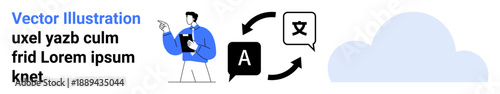 Language translation, communication, cloud computing, machine learning, digital services, content creation. Person pointing with translation icons and cloud symbol. Language translation
