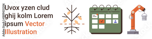 Robotics, automation, productivity management, workflow optimization, industrial planning, industry trends. Calendar with tasks, robotic arm and structured diagrams. Robotics and productivity