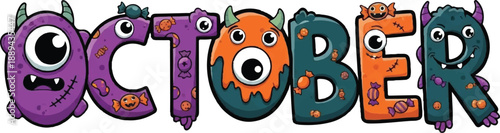 Colorful Halloween-themed typography with monster eyes and playful lettering