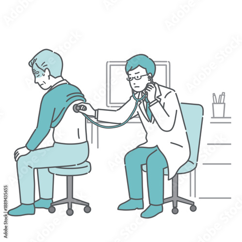 背中の聴診を受ける冷や汗をかいた高齢男性と深刻な表情の白衣の男性医師のイラスト