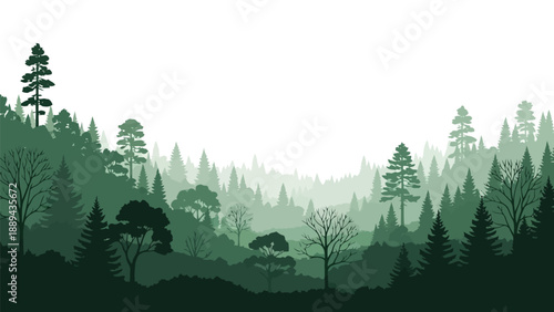 Serene forest landscape illustration with layered green tones and silhouetted trees high quality