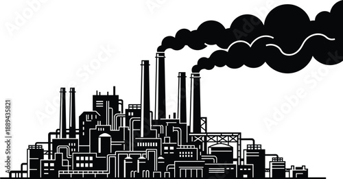 Industrial factory pollution illustration, smokestacks emitting toxic smoke, environmental pollution concept, climate change and air contamination vector