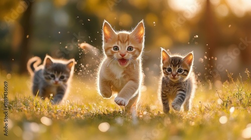 Three playful kittens running toward the camera across sunlit grass at golden hour, backlit and joyful with warm bokeh and drifting dust