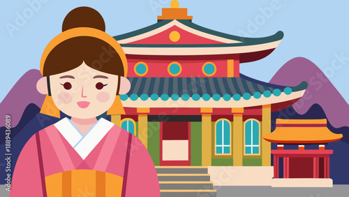 Traditional Asian Girl Character with Temple Background Illustration