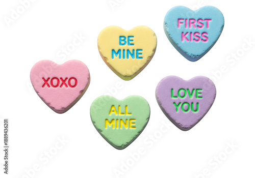 Assorted conversation hearts candy with romantic messages for valentine's day isolated on transparent background