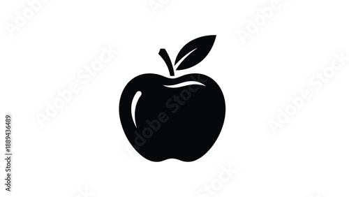 A simple black silhouette of a red apple with a single leaf and stem
