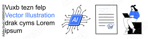 Artificial intelligence, digital documentation, technology integration, remote learning, online work, data processing. A microchip labeled AI, a signed document, and a person with a laptop