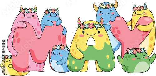 Colorful cartoon monsters with floral crowns gathered together in a vibrant illustration