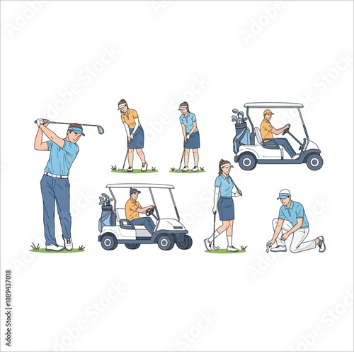 Various illustrations depicting men and women playing golf, including swinging, putting, driving carts, and teeing off on a golf course.