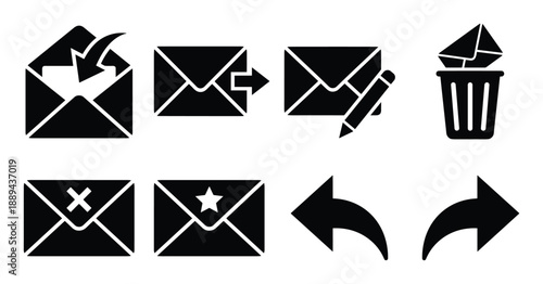 A collection of email icons set featuring send, receive, draft, delete, favorite, and close icons, reply arrows
