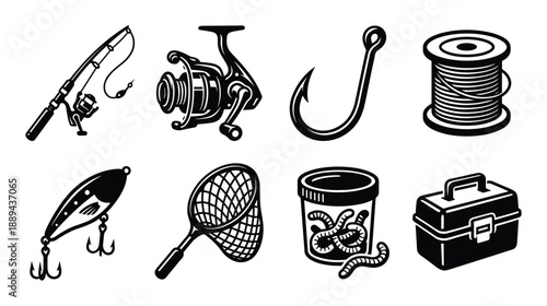 A collection of fishing equipment line art vectors. Ideal for fishing, sport, and design projects
