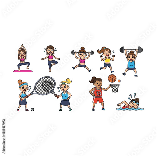 A collection of diverse cartoon female characters participating in various sports and fitness activities, including yoga, weightlifting, running, tennis, basketball, and swimming.