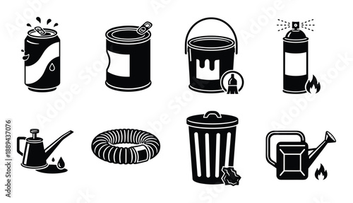 A collection of hazardous waste icons, including paint cans, spray cans, oil cans, trash bin, and corrugated pipe.