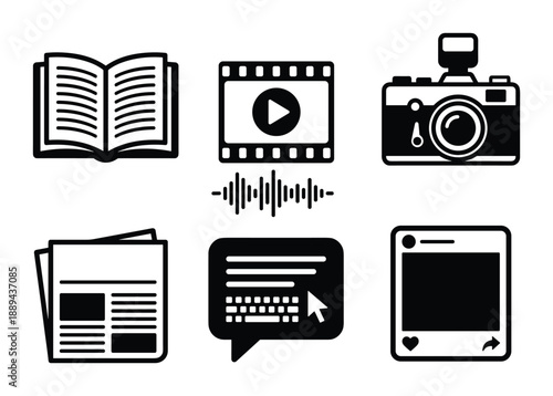 A collection of media and communication icons, including book, video, photo, audio, newspaper, chat, and social media post.