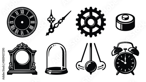 A collection of clock parts vector illustrations in black and white, for designs related to timekeeping and mechanics.