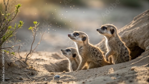 Alert meerkat family peeking from their burrow, their curious gaze fixed on the horizon in natural savanna light.
