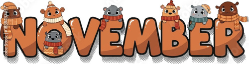 Cartoon characters decorate the month of November in a vibrant illustration