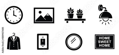 A set of black and white home decoration icons, including clock, picture, plants, lamp, suit, switch, mirror and quote.
