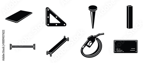 A set of black silhouette isometric tools and construction materials isolated.