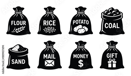 A set of eight sacks with inscriptions: rice, flour, coal, mail, money, gift, potato, and sand.