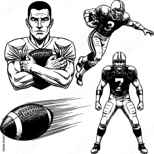 Cartoon vector illustration of a boy American football player with a ball and a mascot in a sport sketch drawing design for a team logo
