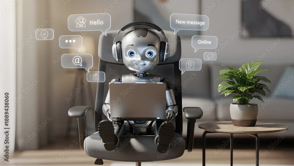 Fototapeta premium Cute Robot Working on Laptop in Office