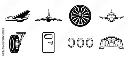 Airplane components illustration, showcasing parts such as wheel, door, cockpit, fuselage, window and front design.