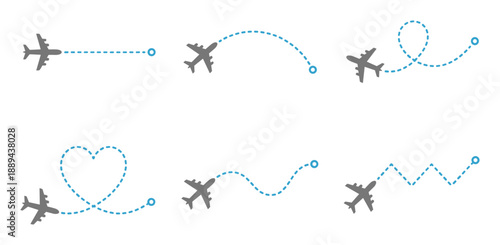 Airplanes path set, dotted lines showing flight routes, different destinations and directions. Blue lines and gray planes.