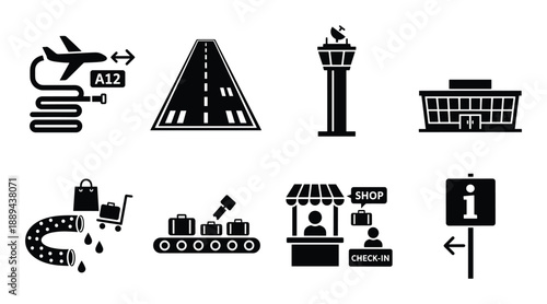 Airport themed design. Includes passenger terminal, runway, control tower, airplane, luggage and check-in counter.