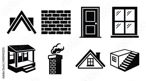 Architectural vector elements featuring house construction, brick wall, door, window, and chimney design.