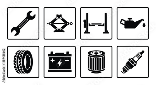 Black and white car repair icons set, tools and parts for auto service and maintenance, isolated on white.