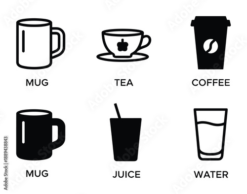 Black and White illustration icons set of various drinks: mug, tea, coffee, juice and water in vector format.