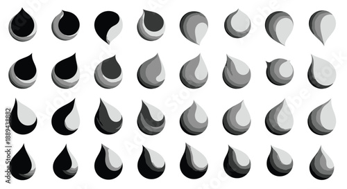 A series of grayscale teardrop shapes arranged in a grid showcasing varying shades and forms