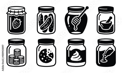 Black and white jars with strawberry jam, pickles, honey, mortar, coins, cookie, cream and ketchup icons.