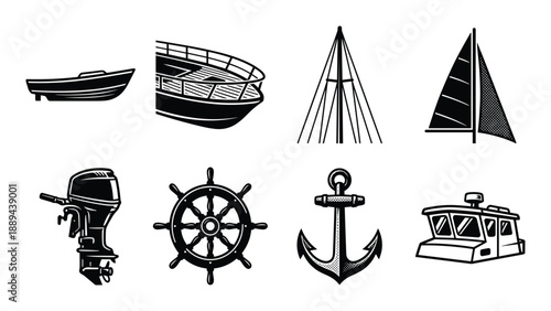 Black and white nautical elements vector illustrations collection with boat, ship, steering wheel, anchor and motor.