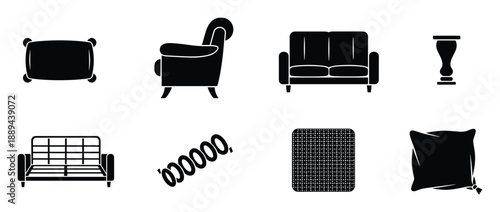 Black and white silhouette of furniture components like a sofa, armchair, pillows, table and a furniture spring.