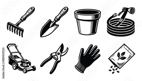 Black and white vector illustration of essential gardening tools and supplies for lawn and plant care.