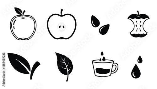 Black and white vector icons set of apple life cycle, including apple, seeds, leaf, apple juice, core, and half cut apple
