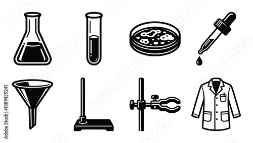 Black and white vector illustration of laboratory equipment, science research, chemical experiments. lab coat.