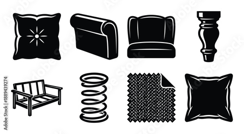 Black and white vector illustration set of upholstery elements. Furniture parts and sofa construction details.