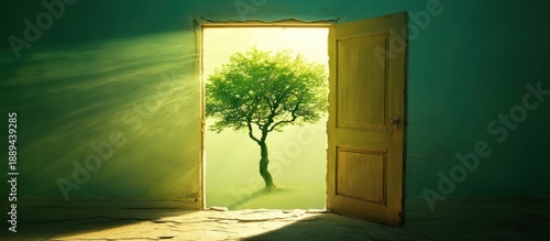 A new beginning, a path to growth and discovery, represented by an open door leading to a vibrant green tree bathed in sunlight