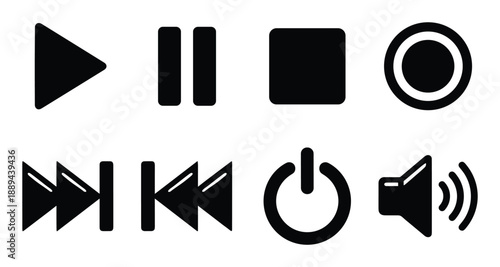 Black media player controls icons. Audio video symbols include play, pause, stop, record, and volume control.