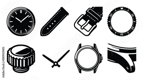 Black watch parts vector. Components of analog watch including dial, hands, straps, bezel, crown, and watch case.