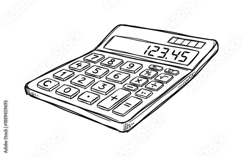 Calculator with display showing 123.45, sketched style illustration of a handheld calculator.