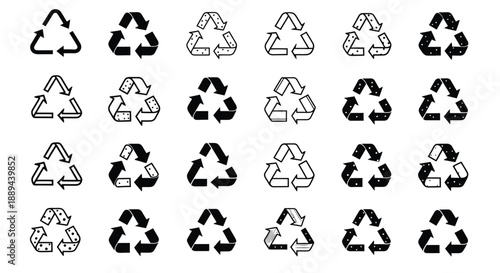 A repeating pattern of black and white recycling symbols dominates the image emphasizing environmental consciousness