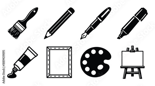 Collection of art supplies icons: paintbrush, pencil, pen, marker, paint tube, canvas, palette, and easel.