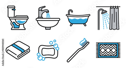 Collection of bathroom related icons. Includes toilet, sink, bathtub, shower, soap, towel, toothbrush and mat.