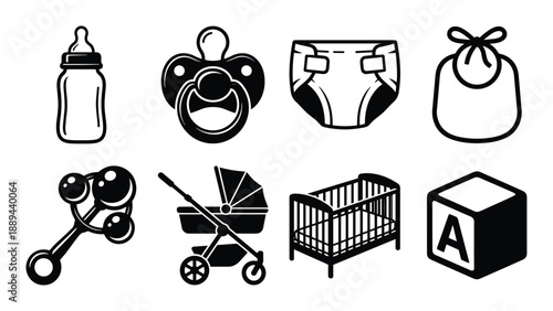 Collection of baby themed icons. Featuring baby bottle, pacifier, diaper, bib, rattle, stroller, crib and alphabet block.